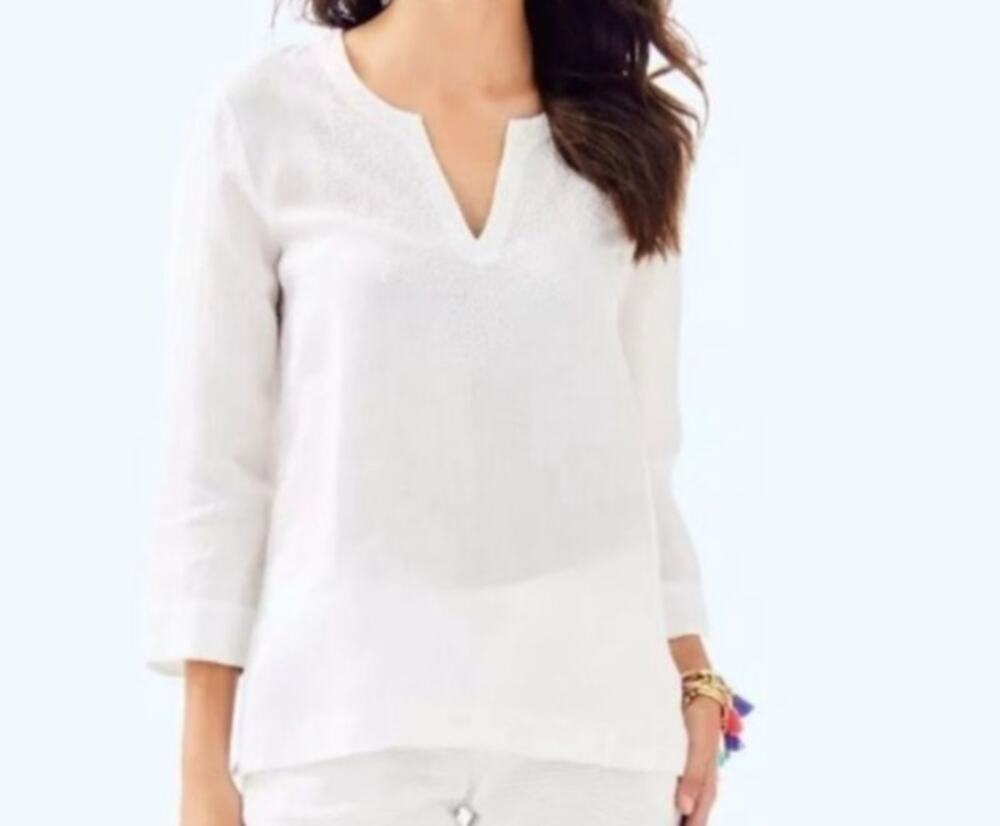 Lilly Pulitzer Amelia Island Summer Linen Tunic Large White Bead Collar Detail